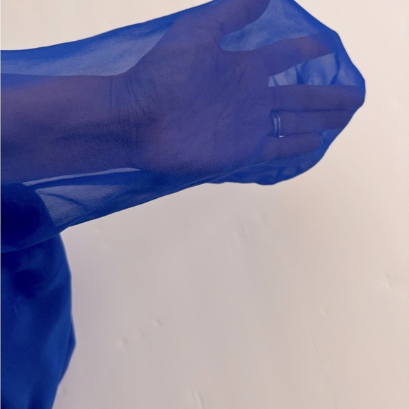 Tibi 100%Silk Ruffle Shift Long Sleeve Mini Short Dress, Royal Blue, Size 2 - Picture 10 of 13